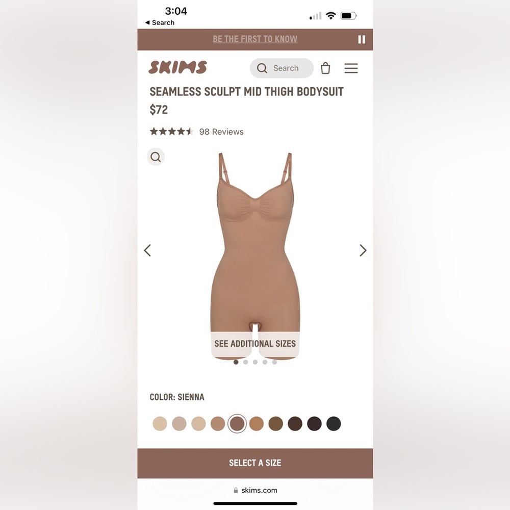 NWT SKIMS sculpting bodysuit mid thigh in sienna